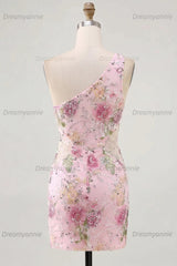 Pink One-Shoulder Floral Beaded Tight Short Homecoming Dress