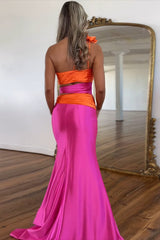 One Shoulder Fuchsia Prom Dress Cut Out Satin Long Formal Dress With Slit