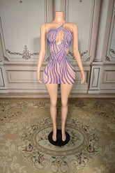 One Shoulder Homecoming Dress Purple Beaded Bodycon Cocktail Party Dress