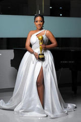 One Shoulder Keyhole Ball Gown Lace Satin A Line Wedding Dress