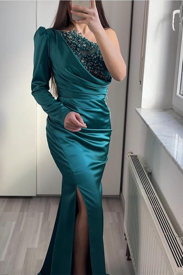 One Shoulder Long Sleeve Mermaid Evening Dress with Beading Split