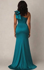 Dreamyannie One Shoulder Peacock Satin Long Formal Dress With Bowknot