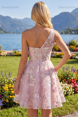 Pink Floral One-Shoulder A-Line Short Homecoming Dress
