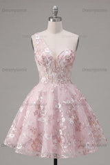 Pink Floral One-Shoulder A-Line Short Homecoming Dress
