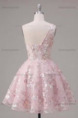 Pink Floral One-Shoulder A-Line Short Homecoming Dress