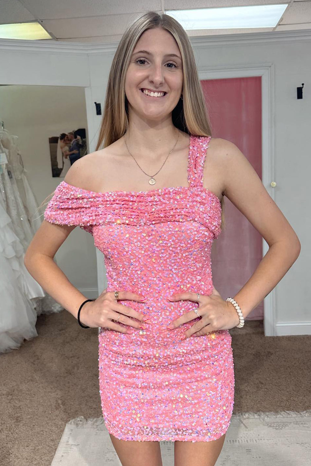One Shoulder Pink Homecoming Dress Sequin Tight Short Prom Dress