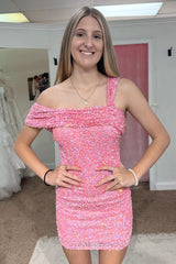 One Shoulder Pink Homecoming Dress Sequin Tight Short Prom Dress