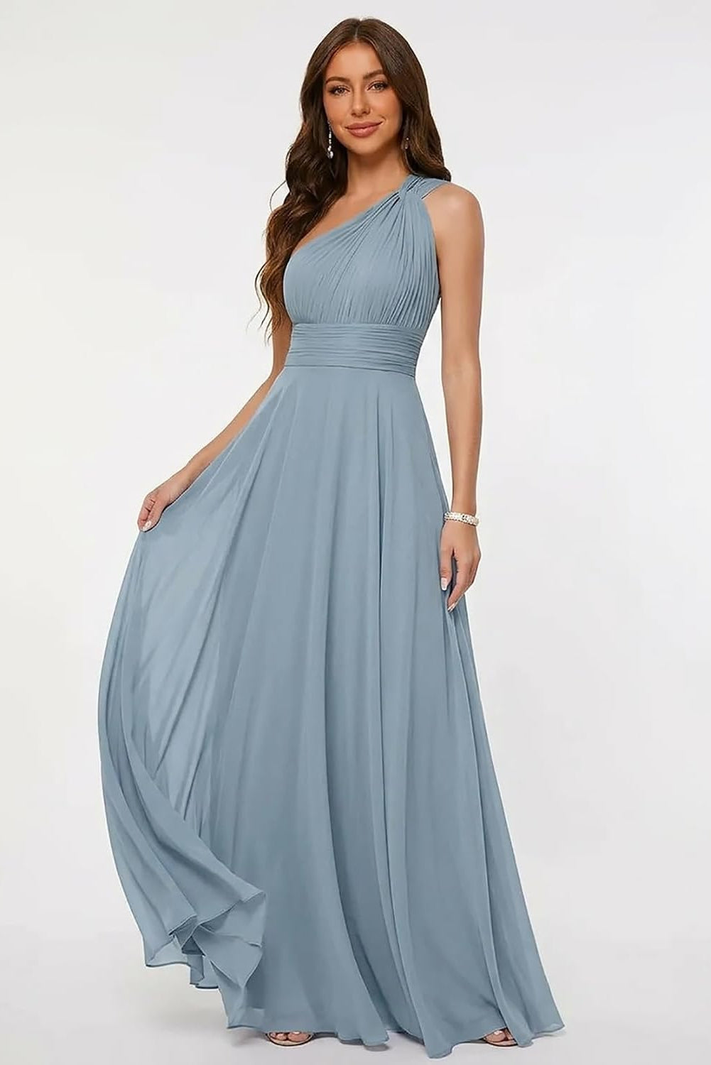 One Shoulder Pleated Chiffon Bridesmaid Dress with Lace-Up Back