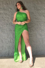 One Shoulder Prom Dress Green Long Evening Dress with Slit