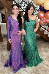 One Shoulder Purple Prom Dress Mermaid Formal Dress With Long Sleeves