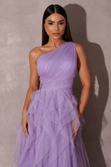 Close-up of the ruched one-shoulder bodice and tiered glitter tulle skirt in lavender