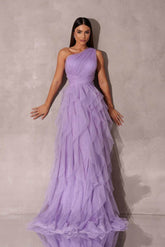 Lavender one-shoulder prom dress with ruched glitter tulle bodice and tiered A-line skirt