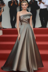 One Shoulder Satin A Line Steel Grey Long Gala Dress