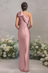 One Shoulder Satin Bridesmaid Dress With Bows