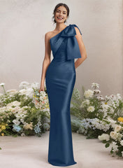One Shoulder Satin Bridesmaid Dress With Bows