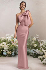 One Shoulder Satin Bridesmaid Dress With Bows