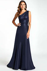 One Shoulder Satin Navy Wedding Guest Dress Long Formal Dress