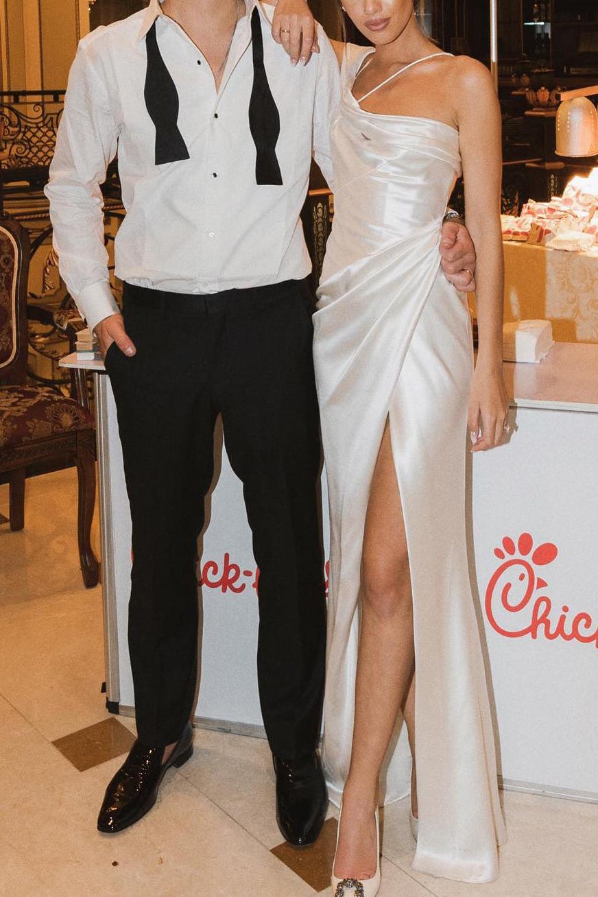 One Shoulder Sheath Column Slit Silk Like Satin Wedding Dress