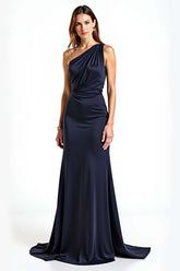 One Shoulder Sheath Navy Wedding Guest Dress Long Formal Dress