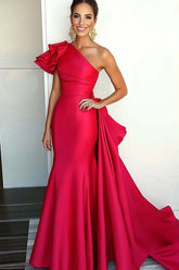 One Shoulder Sheath Watermelon Gala Dress With Cape