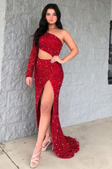 One Shoulder Sparkly Mermaid Sequined Red Prom Dress Long Evening Dress with Slit