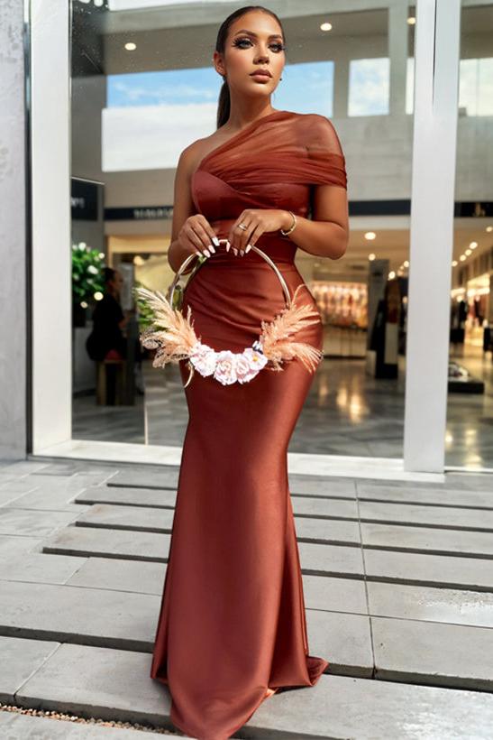 One Shoulder Trumpet/Mermaid Sleeveless Satin/Tulle Bridesmaid Dress