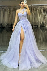 Lavender one-shoulder tulle prom dress with 3D floral appliques and high slit