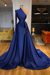 One Shoulder Long Sleeve Prom Dress Formal Dress with Panel Train