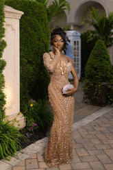 One Shoulder Long Sleeve Prom Dress Gold Beaded Formal Evening Dress