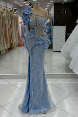 One Shoulder Mermaid Prom Dress Blue Beaded Formal Dress with 3D Flowers