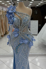 One Shoulder Mermaid Prom Dress Blue Beaded Formal Dress with 3D Flowers