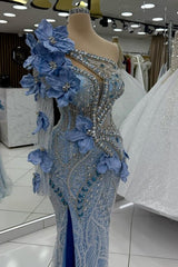 One Shoulder Mermaid Prom Dress Blue Beaded Formal Dress with 3D Flowers