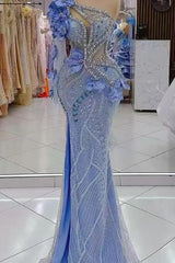 One Shoulder Mermaid Prom Dress Blue Beaded Formal Dress with 3D Flowers