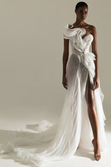 One Shoulder Ruffled Wedding Dress White Floor Length Bridal Gown with Slit