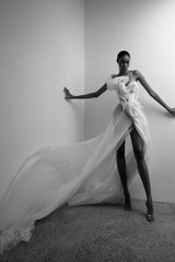 One Shoulder Ruffled Wedding Dress White Floor Length Bridal Gown with Slit