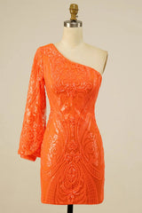 Orange Homecoming Dress Beaded Sequin One Shoulder Tight Cocktail Party Dresses