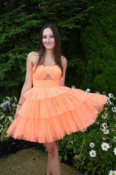 Orange Homecoming Dress Halter Ruffled A-Line Short Prom Dress
