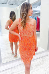 Orange Homecoming Dress One Shoulder Sequin Tight Prom Dress with Feathers