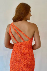 Orange Homecoming Dress One Shoulder Sequined Cocktail Party Dresses