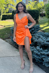 Orange Homecoming Dress One Shoulder Tight Satin Prom Dress with Slit
