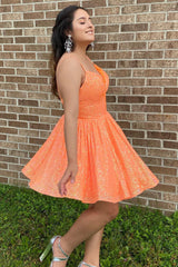 Orange Homecoming Dress Sequin A-Line Short Prom Dress with Pockets