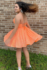 Orange Homecoming Dress Sequin A-Line Short Prom Dress with Pockets