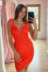 Orange Homecoming Dress Sequin Tight Short Prom Dress with Feathers