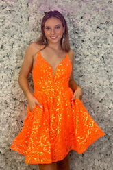 Orange Homecoming Dress Sequined A Line Short Prom Dress