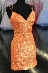 Orange Homecoming Dress Sequined Tight Short Prom Dress