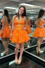 Orange Homecoming Dress Spaghetti Straps A Line Short Prom Dress With Sequin