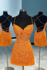 Orange Homecoming Dress Spaghetti Straps Tight Short Prom Dress with Appliques