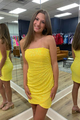 Orange Homecoming Dress Strapless Sequin Tight Short Hoco Dress