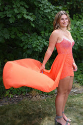 Orange Homecoming Dress Strapless Tight Short Prom Dress with Beadings