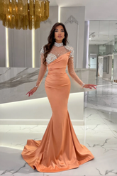 Orange Mermaid High Neck Formal Dress With Sleeves